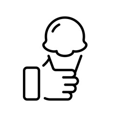 Ice cream in the hand line icon. Cone, popsicle, glaze, ice cream, coffee, plate, portion, street food, cafe, fast food, harmful, sweet, delicious, dessert. Eating concept. Vector black line icon