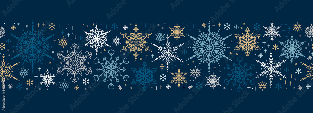 Wall mural Beautiful hand drawn snowflakes seamless pattern, fragile winter background, great for textiles, banners, wallpaper, wrapping - vector design