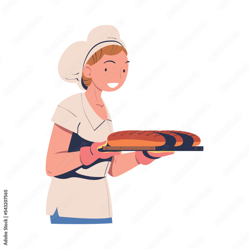 Sticker woman baker holding hot fresh baked loaf with potholder vector illustration