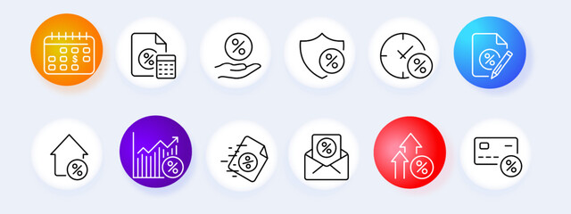 Percent set icon. Agreement, discount, rent, real estate, loan, cashback, calculator, earnings, time, annual, calendar, banking system, deposit, contribution. Money concept. Vector line icon