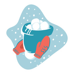 Hands in mittens hold a hat with a bubo on a blue background. Children's winter snowball fight. Snow falls on a clear frosty day. Warm woolen mittens with a pattern in a cartoon flat graphic style.