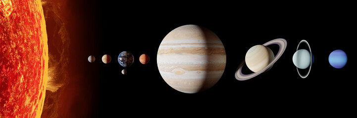 Solar system planets in outer space. Mercury, Venus, Earth, Mars, Jupiter, Saturn, Uranus, Neptune, Pluto. Planetary system concept.black background. super hd. 3drendering. © TogsDesign