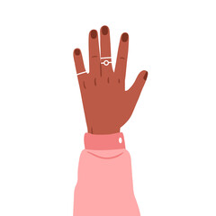 Hand raised up with jewelry, rings on fingers. African-American female arm accessories, jewelleries, dorsal side. Demonstrating jewels. Flat vector illustration isolated on white background