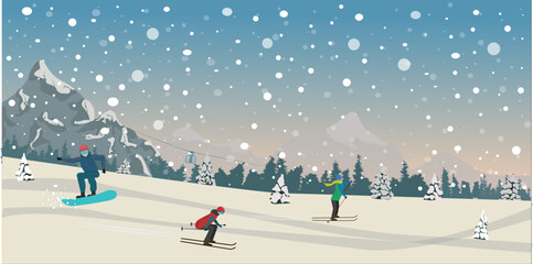 People ski and snowboard in the mountains in winter