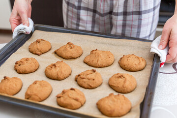 Ruddy ready-made cookies on a baking sheet. Traditional pastries and holidays. Close-up.