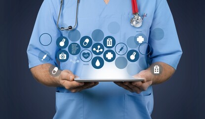 Doctor hand on medical interface icons,
