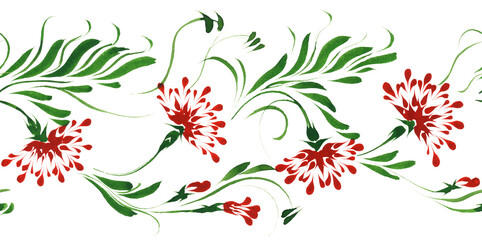 Ukrainian folk painting style Petrykivka. Floral watercolor seamless border pattern from red flowers and green leaves isolated on transparent background. Ethnic design