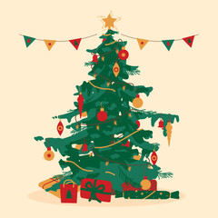 Christmas illustration with gifts under fir tree. Christmas tree decorated with garland, bauble and star.