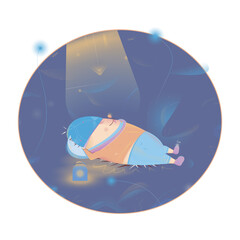 Sleeping hedgehog in autumn, decorated by different transparent blue and yellow flowers, plants. Nearby hedgehog there are a lighting candlestick.