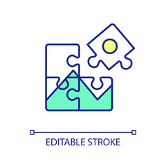 Jigsaw puzzle assembling RGB color icon. Brain teaser game. Intellect development and entertainment. Isolated vector illustration. Simple filled line drawing. Editable stroke. Arial font used
