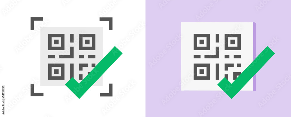 Aufkleber qr code icon vector pass check verification or scan concept with green checkmark flat cartoon graphi