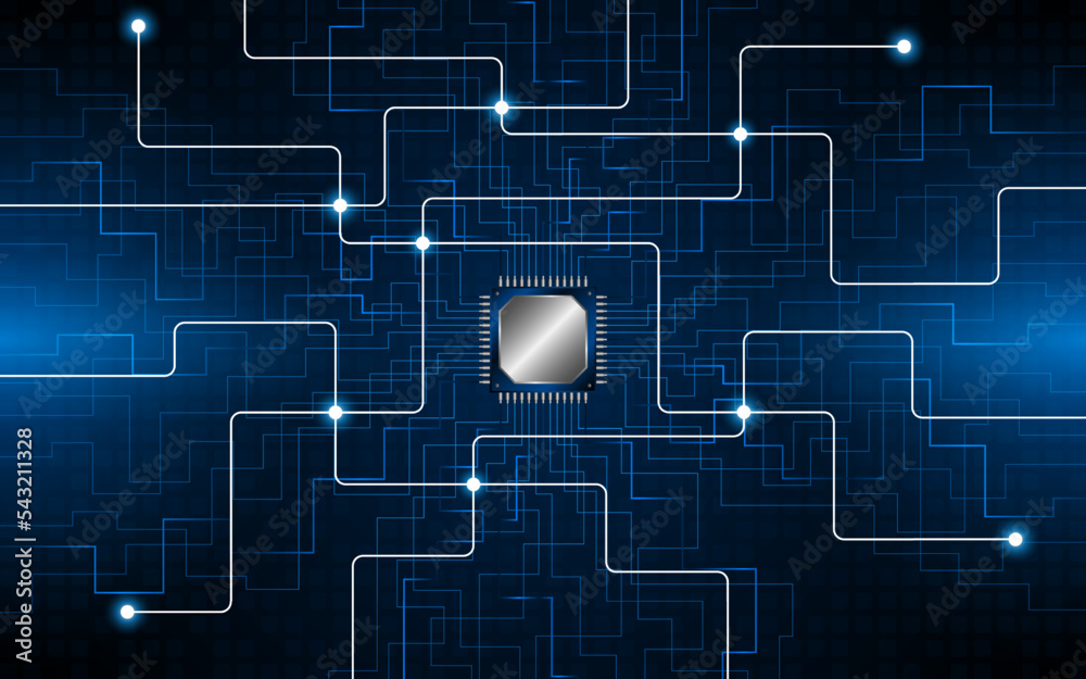 Poster microchip processor circuit board technology on dark blue background. information processing concept