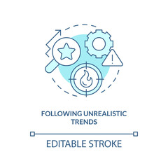 Following unrealistic trends turquoise concept icon. UX UI designer fail abstract idea thin line illustration. Isolated outline drawing. Editable stroke. Arial, Myriad Pro-Bold fonts used