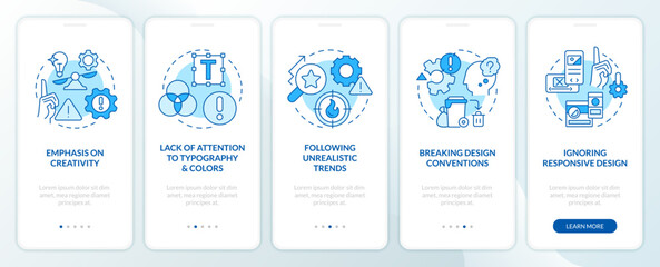 Designer issues blue onboarding mobile app screen. User interface. Walkthrough 5 steps editable graphic instructions with linear concepts. UI, UX, GUI template. Myriad Pro-Bold, Regular fonts used