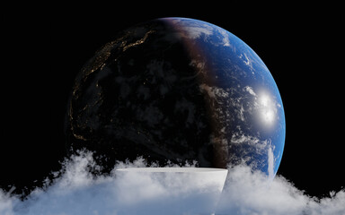 podium floating with smoke. Realistic sunrise over earth from space. Pedestal mockup space for modern and technology. Digital future product design. 3d rendering.