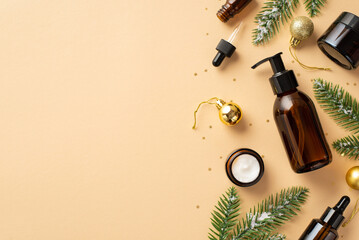 Winter skincare concept. Top view photo of amber dispenser bottle without label cream jars dropper...