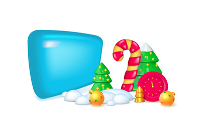 Happy New Year background. Snowy Christmas trees, big candy cane and wall clock. Realistic 3d Xmas decor