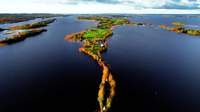 Title: Aerial footage of Kizhi is an island in the Republic of Karelia, Russia. The most famous is the Kizhi Pogost, which is a UNESCO World Heritage site.