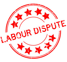Grunge red labour dispute word with star icon round rubber seal stamp on white background