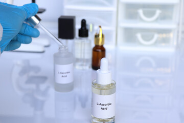 L-Ascorbic Acid in a bottle, chemical ingredient in beauty product