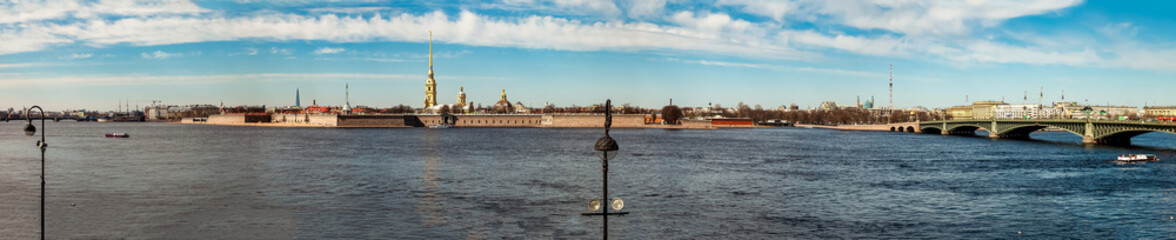 Panorama of Peter and Paul fortress and Neva river at day. Unique urban landscape of center of Saint Petersburg. Central historical top tourist places in Russia. Capital Russian Empire. Copy space