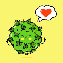 Cute funny marijuana weed doing yoga with speech bubble. Vector hand drawn cartoon kawaii character illustration icon. Isolated on yellow background. Marijuana weed in love character concept