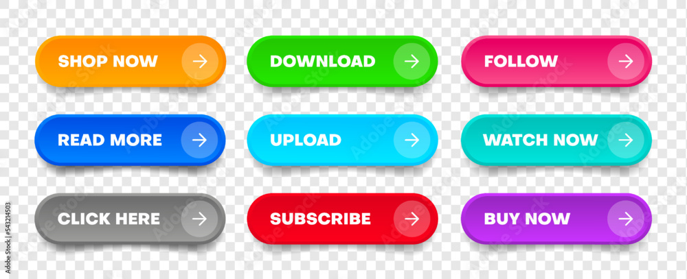 Leinwandbilder 3d click here web buttons. Set of action button, hand cursor and arrow pointing click link buttons. Add to cart, shop now, upload, downloa buttons. Online shopping icons for UI UX website, mobile app