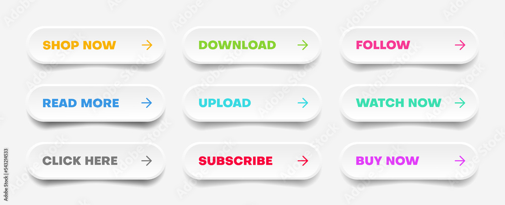 Leinwandbilder 3d click here web buttons. Set of action button, hand cursor and arrow pointing click link buttons. Add to cart, shop now, upload, downloa buttons. Online shopping icons for UI UX website, mobile app