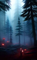 Drawing of a dark forest. Horror.