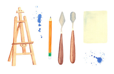 watercolor art supplies: easel, palette knife, canvas, pencil