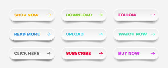 3d click here web buttons. Set of action button, hand cursor and arrow pointing click link buttons. Add to cart, shop now, upload, downloa buttons. Online shopping icons for UI UX website, mobile app