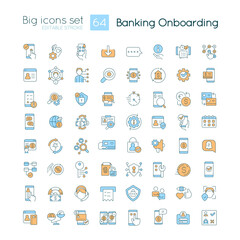 Fototapeta na wymiar Banking onboarding RGB color big icons set. Customer experience. Account opening. Isolated vector illustrations. Simple filled line drawings collection. Editable stroke. Quicksand-Light font used