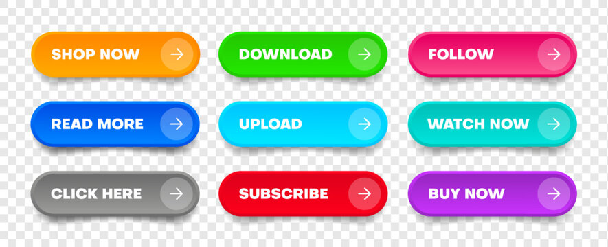 3d click here web buttons. Set of action button, hand cursor and arrow pointing click link buttons. Add to cart, shop now, upload, downloa buttons. Online shopping icons for UI UX website, mobile app