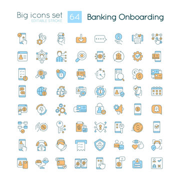 Banking onboarding RGB color big icons set. Customer experience. Account opening. Isolated vector illustrations. Simple filled line drawings collection. Editable stroke. Quicksand-Light font used