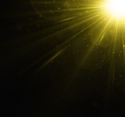 Shining golden sun, bright flash on a transparent background. Bright star. Golden glowing light explodes. Golden sparks glitter special light effect.