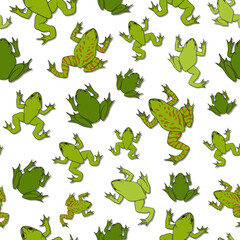 Seamless pattern with green river frogs. Color vector background with shadow on white.
