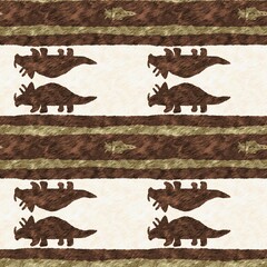Hand drawn triceratops dinosaur seamless pattern. Gender Neutral Jurassic fossil silhouette for baby nursery. Gender neutral home decor for museum, extinction and textile design.  © Leah