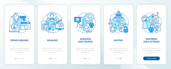 Social engineering attacks tactics blue onboarding mobile app screen. Walkthrough 5 steps editable graphic instructions with linear concepts. UI, UX, GUI template. Myriad Pro-Bold, Regular fonts used