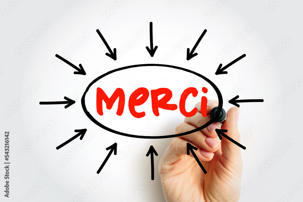 Wall mural Merci (Thank You In French) text with arrows, concept for presentations and reports