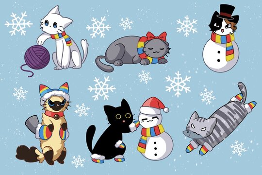 Cats are playing with snowman and toy in the snowflake blue background 