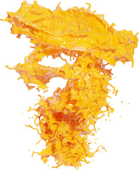 Tornado of orange juice, 3d Render. Realistic whirlpool of juice or soda. Swirl of orange or pineapple juice on a transparent background.
