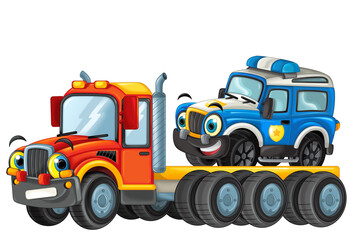 happy cartoon tow truck driver with other vehicle car