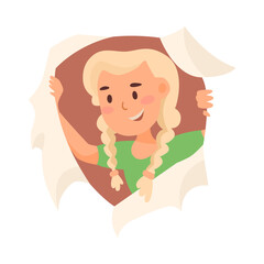 Cartoon small blonde girl looking through hole vector illustration. Kid showing through torn paper isolated on white background. Decoration, celebration concept