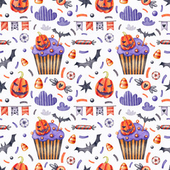 Seamless pattern with cupcakes with pumpkins, bats and sweets on a white background. Watercolor illustration. Holiday. Halloween. Print on fabric and paper. Art. Design. Wallpaper. Handmade work.
