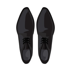 Top view of male black leather shoes flat vector illustration. Comfortable pair of business shoes on white background. Footwear, fashion concept