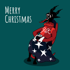Christmas vector illustration, postcard, poster, banner. The traditional Christmas devil. Folklore about Krampus, the horned devil. Punishes naughty children. Logo. New Year. Krampus Dad.