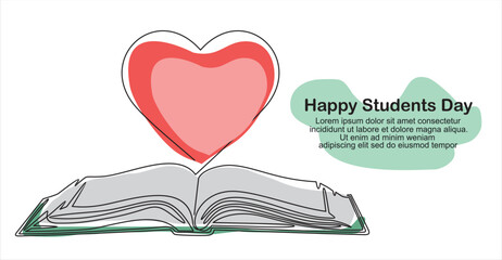 Happy students Day! Continuous one single line drawing of book.