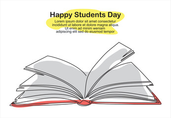 Happy students Day! Continuous one single line drawing of book.