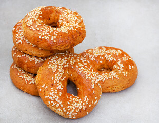 Greek Koulourikia biscuits on mottled grey with copy space