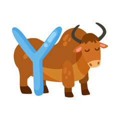 Yak character with alphabet letter y vector illustration. Cute comic animal with ABC for preschool children book isolated on white background. Education concept